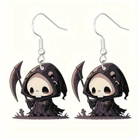 #65 Baby Reaper Earrings Skeleton Skull Scythe - Picture 1 of 1